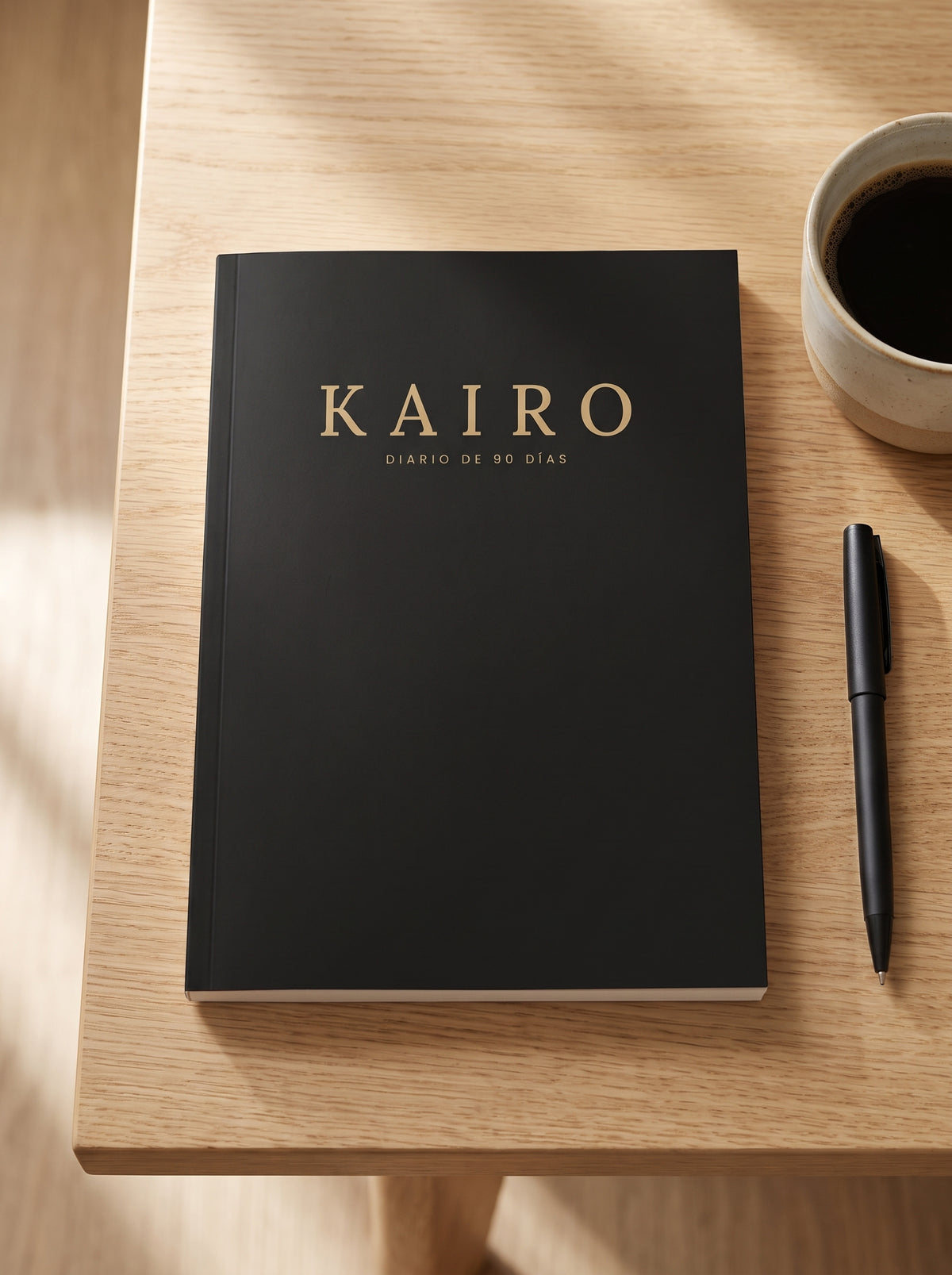 Diario Kairo de 90 días visto desde arriba, sobre una mesa de roble con café y bolígrafo