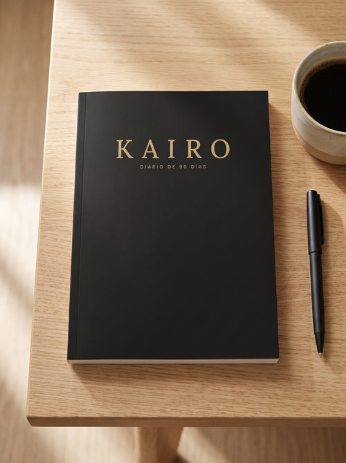Diario Kairo de 90 días visto desde arriba, sobre una mesa de roble con café y bolígrafo